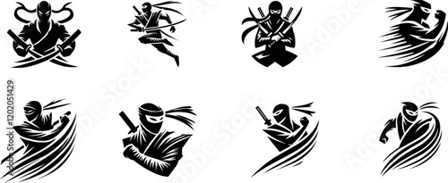 Black Ninja Silhouette Icons with Swords and Dynamic Action Poses