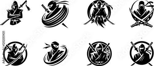 Black Ninja Silhouette Icons with Swords and Dynamic Action Poses
