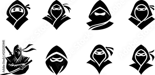 Black Ninja Silhouette Icons with Swords and Dynamic Action Poses