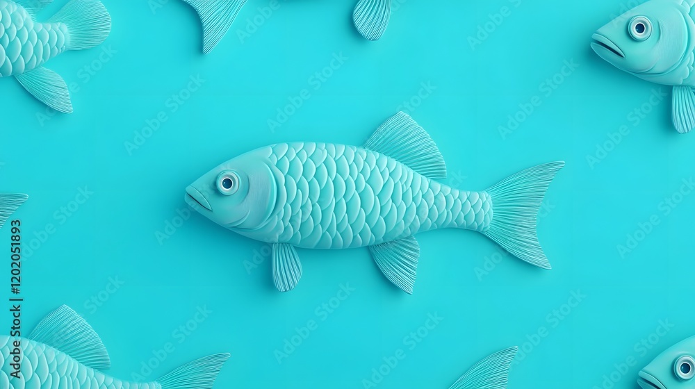 Naklejka premium Vibrant Aqua Pastel Cartoon Fish with Geometric Scales in 3D Underwater