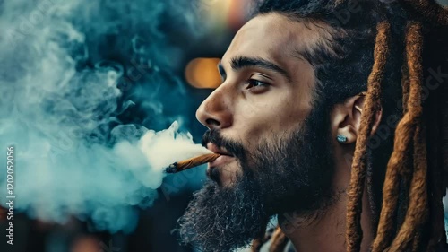 portrait of smoking african man with beard and dreadlock hairstyle