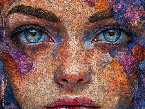 A captivating portrait of a woman's face rendered in a mosaic style. Vibrant colors and intricate tilework bring a unique artistic expression. Suitable for art prints, phone cases, or home decor.