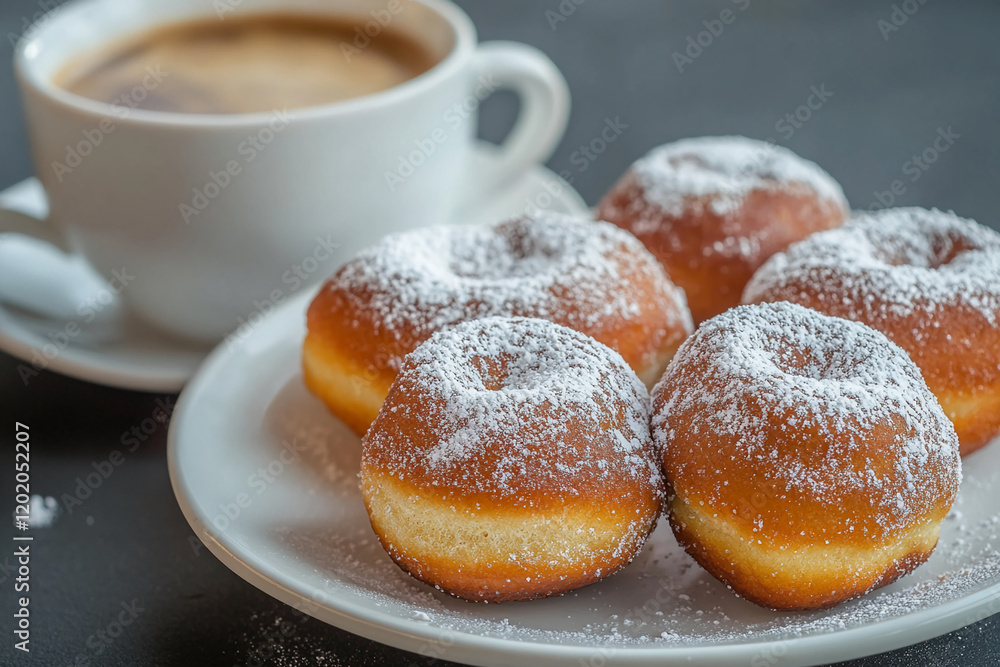Powdered donuts served with coffee on a white plate Powdered donuts served with coffee on a white plate
