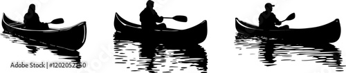 Illustrations vectorielles de trois personnes pagayant en canoë avec reflets sur l’eau en style silhouette