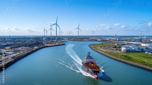 A small fishing boat moves gracefully through the ocean close to Flower Dore wind farm, with modern turbines towering against a clear sky photo