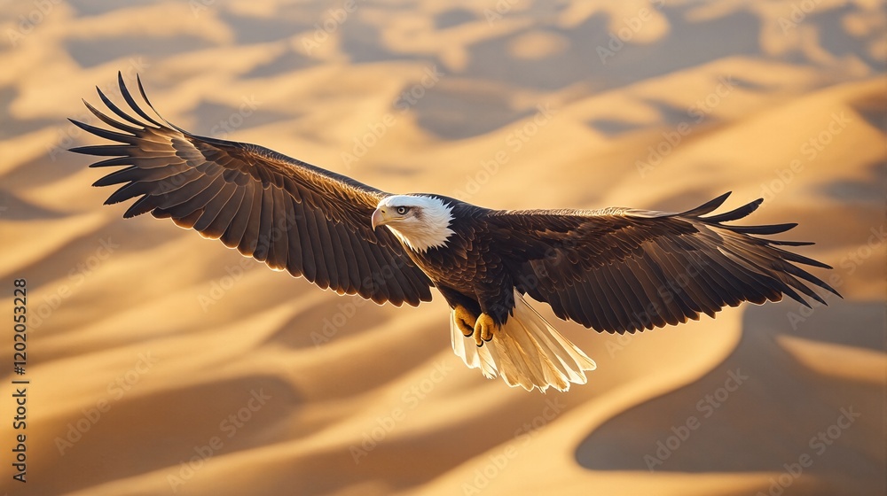 Fototapeta premium A Bald Eagle Soars Over Sand Dunes.