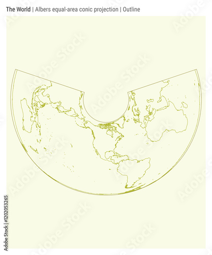 World Map. Albers equal-area conic projection. Outline style. High detail world map for infographics, education, reports, presentations. Vector illustration.