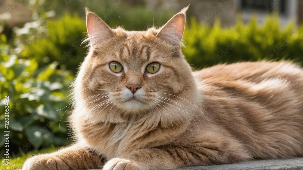 Fawn british longhair cat lying outside in the garden Fawn british longhair cat lying outside in the garden