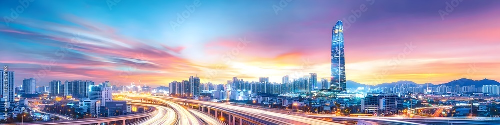 Fototapeta premium A city with a highway and a sunset in the background