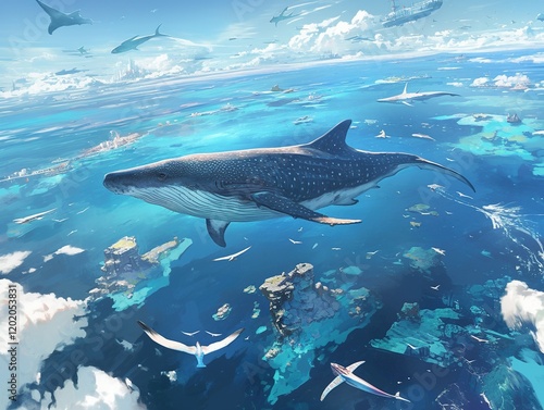 Whale soaring over a vibrant, island-dotted ocean, surrounded by various sea creatures and ships under a bright sky.