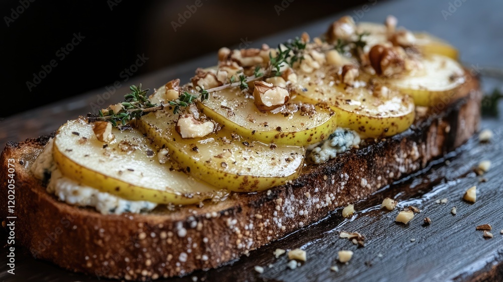 Delicious open-faced sandwich topped with fresh pear slices and walnuts served on rustic wooden table Delicious open-faced sandwich topped with fresh pear slices and walnuts served on rustic wooden table