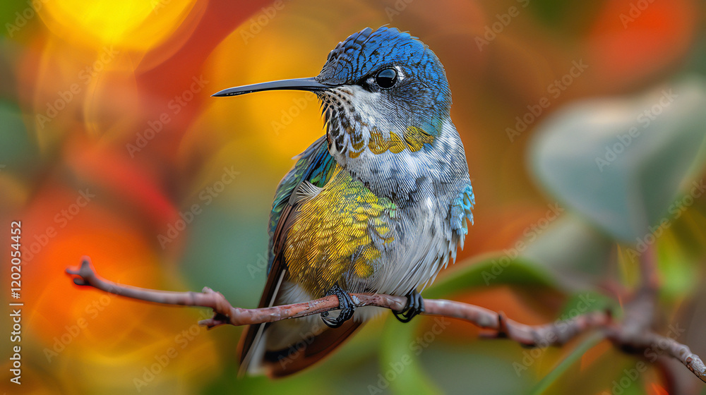 Obraz premium A lilac roller and a kingfisher perched on a branch with a hummingbird feeding nearby among the green leaves and flowers.