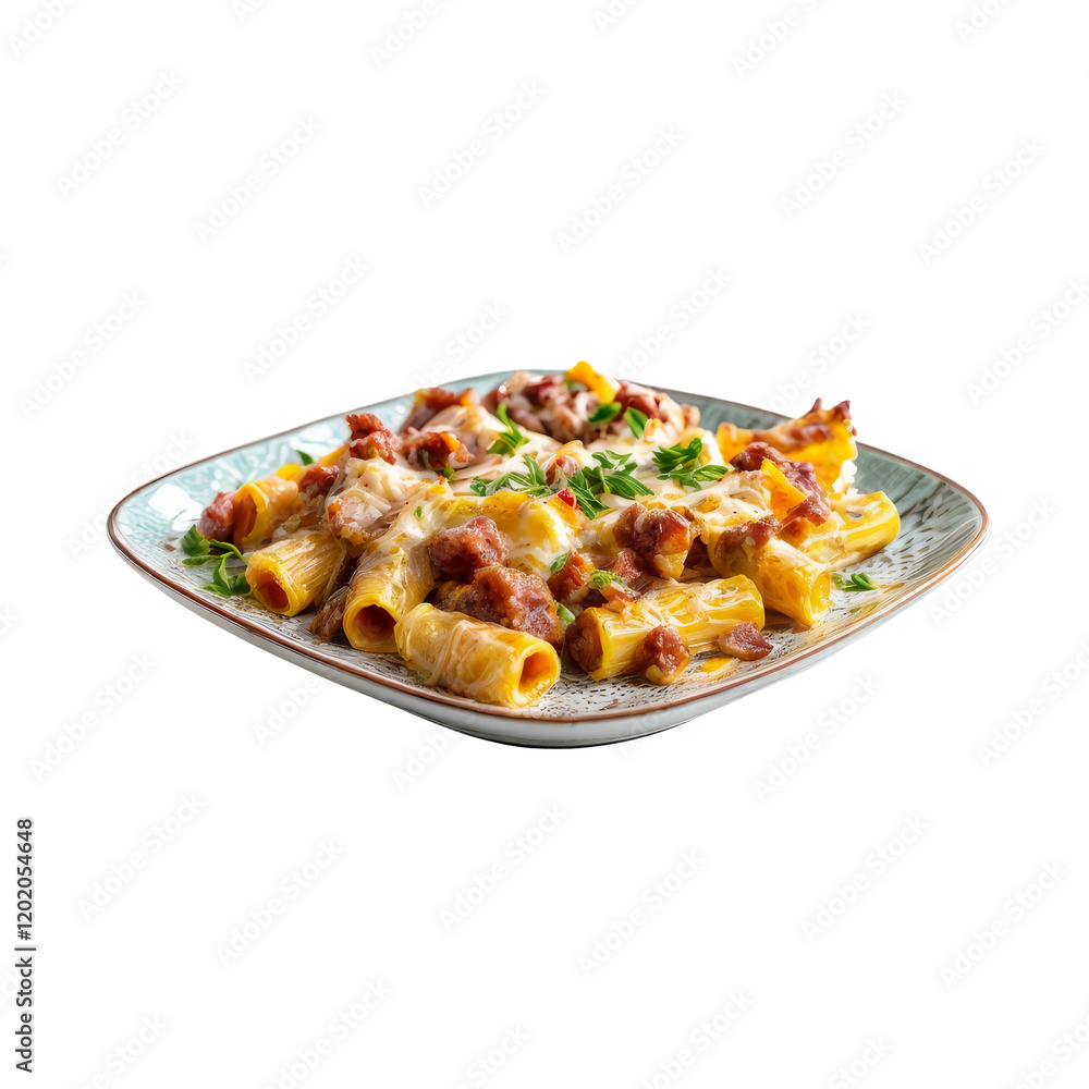 Creamy Sausage and Rigatoni Pasta: A close-up of a hearty and comforting pasta dish featuring rigatoni pasta, creamy sauce, savory sausage, and fresh parsley. Creamy Sausage and Rigatoni Pasta: A close-up of a hearty and comforting pasta dish featuring rigatoni pasta, creamy sauce, savory sausage, and fresh parsley.