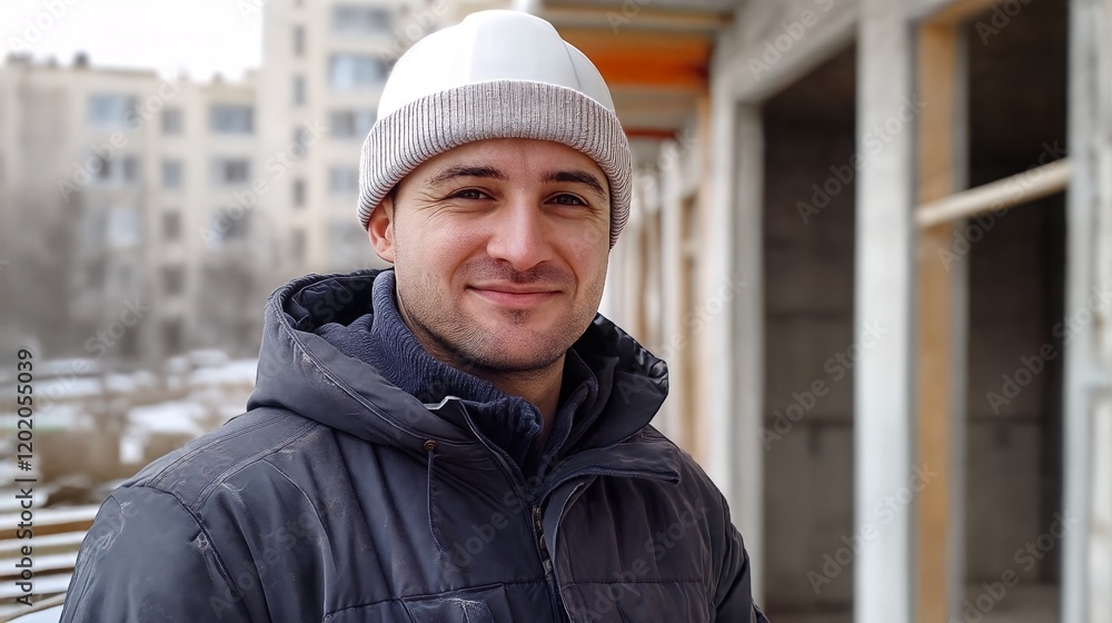 The Man Wearing a Beanie Standing in Front of a Building Under Construction. The Man Wearing a Beanie Standing in Front of a Building Under Construction.