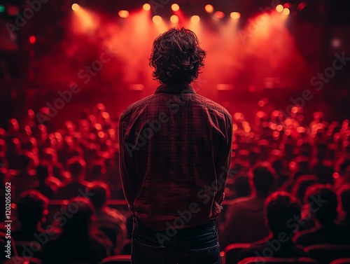 comedian captivates crowd animatedly sharing punchline amid bright stage lights. audience is blurred but clearly enjoying performance laughter and excitement. photo