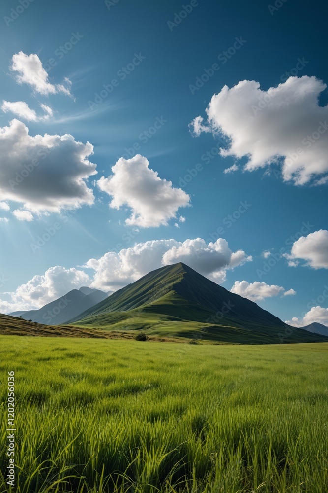 Fototapeta premium grassy field with a mountain in the background and a blue sky