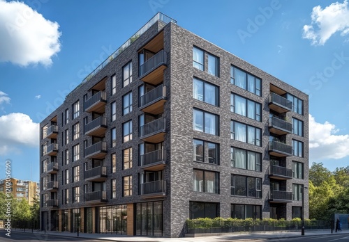 Modern Urban Apartment Building with Stylish Balconies and Contemporary Architecture Surrounded by Clear Blue Sky and Vibrant Greenery in a City Environment