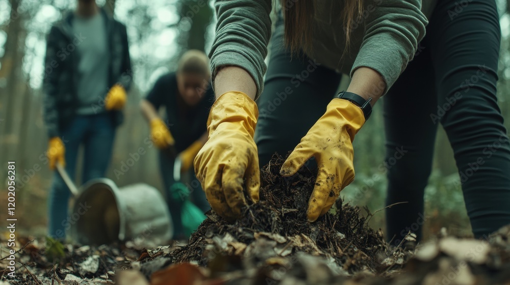 Fototapeta premium Woman wearing yellow gloves digging through a pile of leaves in a garden during autumn season