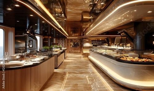Luxurious buffet area on a cruise ship with warm lighting and a marble floor