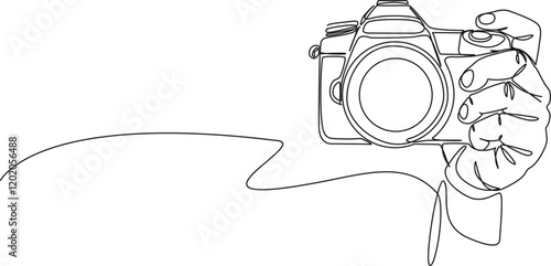 continuous single line drawing of hand holding DSLR camera, line art vector illustration