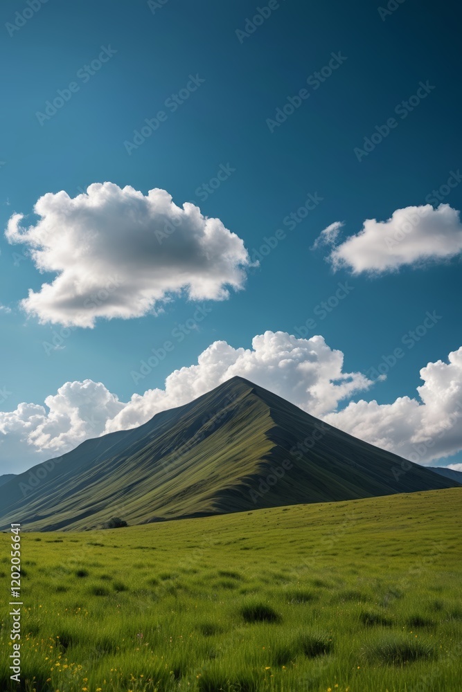 Fototapeta premium there is a large grassy field with a mountain in the background