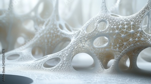 Intricate white mesh structure with organic holes and interconnected nodes. Ideal for futuristic architecture, medical illustrations, or abstract art.