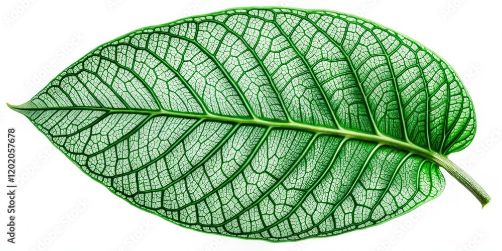 Obraz premium An image of a large emerald green leaf with intricate veins and details, isolated against a white background, plant detail, foliage, botanical illustration, greenery