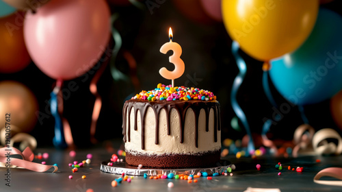 Joyful close-up of a festive birthday celebration for a three-year-old