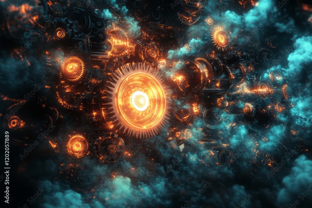 Fototapeta premium Glowing Mechanical Gears and Smoke Art
