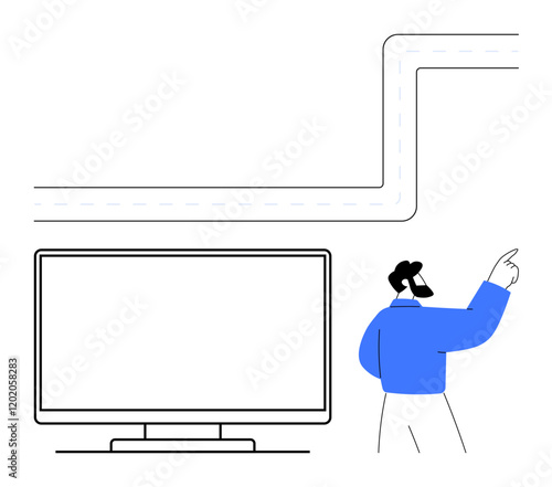 Business professional presenting data on a large monitor, pointing towards an upward-moving line. Ideal for presentations, business strategy, data analysis, consultancy, marketing, growth tracking