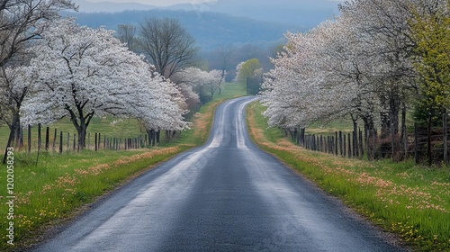 Wallpaper Mural Scenic road with cherry blossom trees and rolling hills in the background, a peaceful country view, on a cloudy day Torontodigital.ca