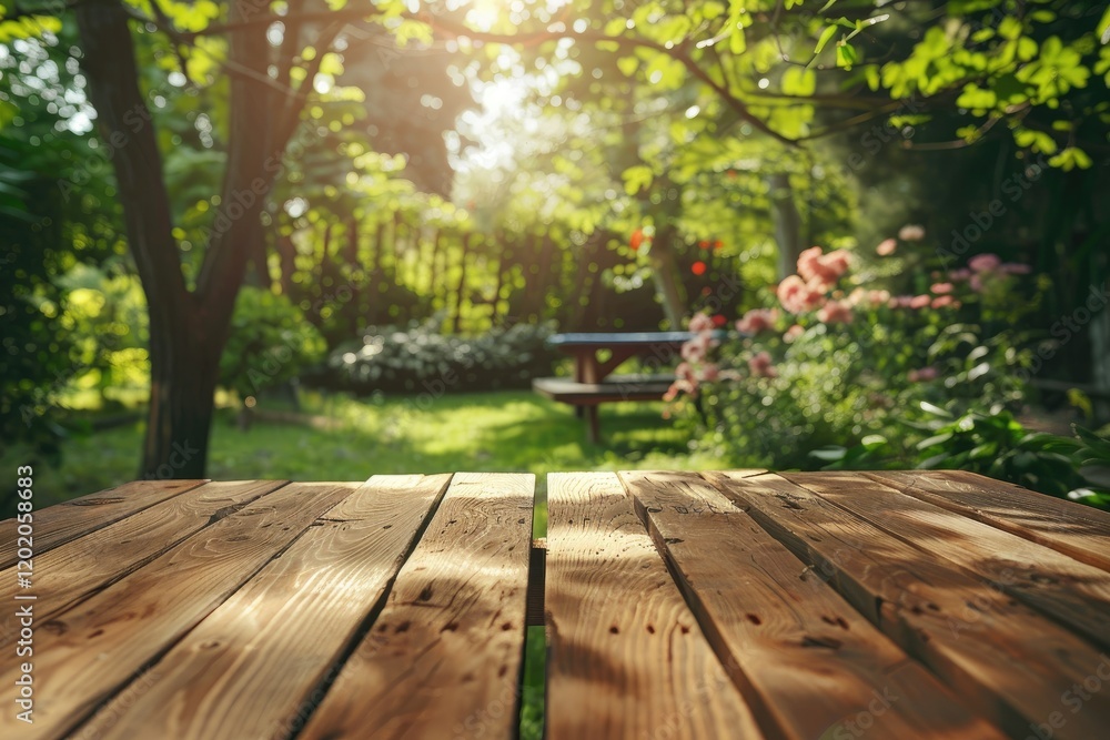 High Quality Picture of Wooden Table in a Garden with Radiant Light and Greenery High Quality Picture of Wooden Table in a Garden with Radiant Light and Greenery