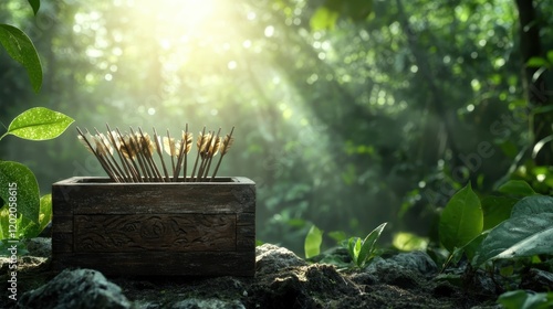 A stylish wooden arrow holder filled with neatly organized arrows, surrounded by a serene jungle environment, inviting exploration and adventure. photo