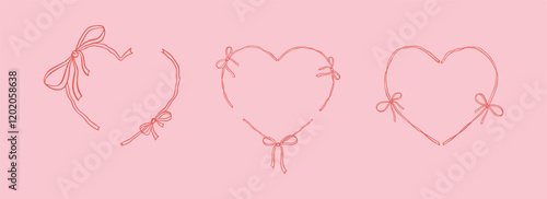 Bow heart ribbon frame drawing. Wedding, save the date vintage design element. Cute line coquette romantic vector illustration. French patisserie style. Filigree victorian background