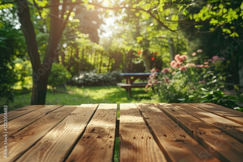 Wallpaper Mural High Quality Picture of Wooden Table in a Garden with Radiant Light and Greenery Torontodigital.ca