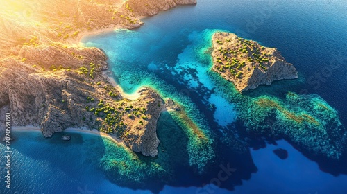 Fototapeta Naklejka Na Ścianę i Meble -  Sunrise aerial view of rocky islands, turquoise bay, coral reef