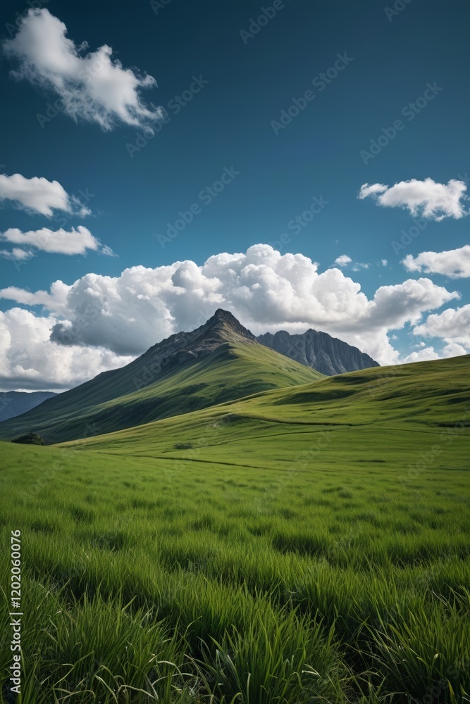 Fototapeta premium grassy field with mountains in the background and a blue sky