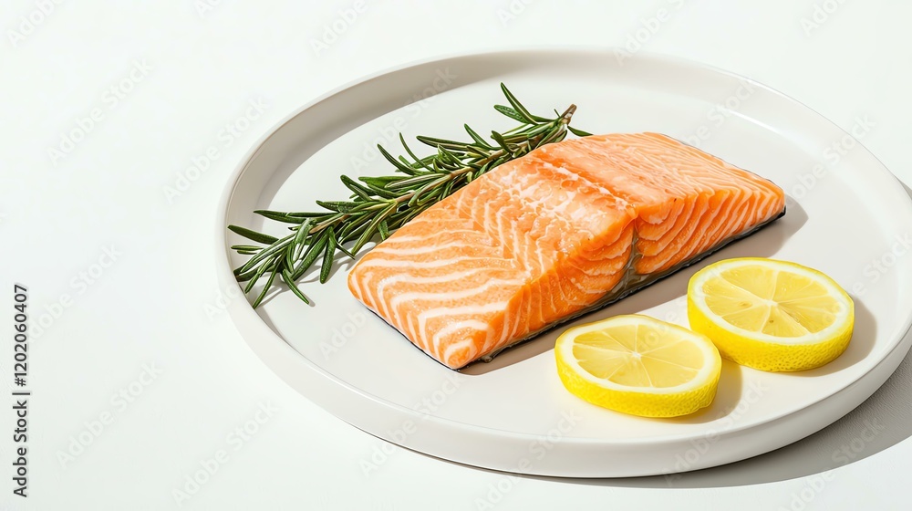 Fresh salmon fillet garnished with lemon slices and rosemary on a white plate. Fresh salmon fillet garnished with lemon slices and rosemary on a white plate.