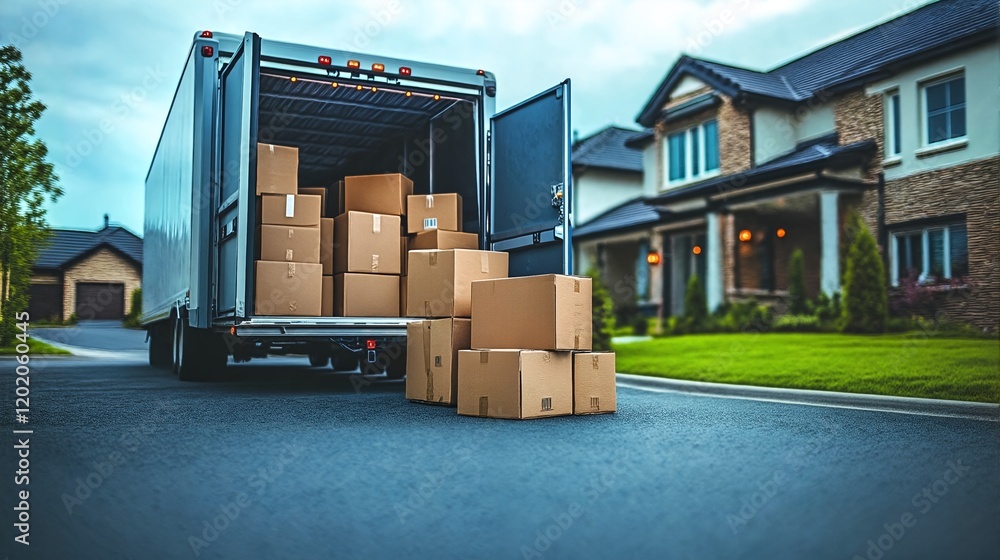 A moving truck filled with cardboard boxes parked on a suburban street. A moving truck filled with cardboard boxes parked on a suburban street.