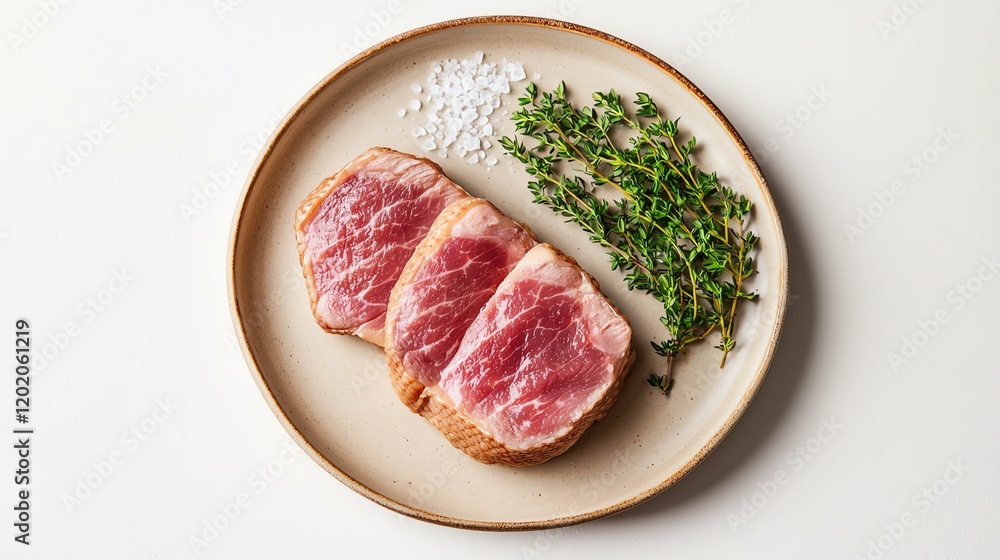 A gourmet plate featuring sliced meat, thyme, and sea salt for a culinary masterpiece. A gourmet plate featuring sliced meat, thyme, and sea salt for a culinary masterpiece.