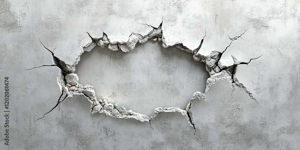 Obraz premium A broken hole in a white wall, with cracks around the frame
