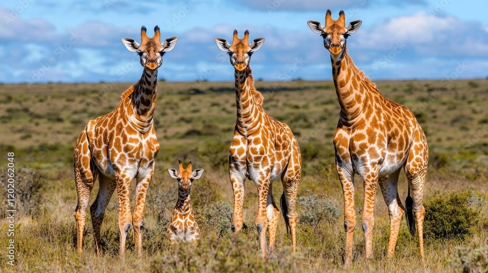 Obraz premium Four giraffes, including a small calf, stand alert in the dry grassy plains of the African savanna under a blue sky.