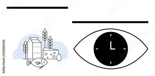 Eye with black clock design alongside fish, milk carton, cheese, egg, and wheat graphic. Ideal for nutrition, timing, dietary balance, food planning time management health care abstract line flat