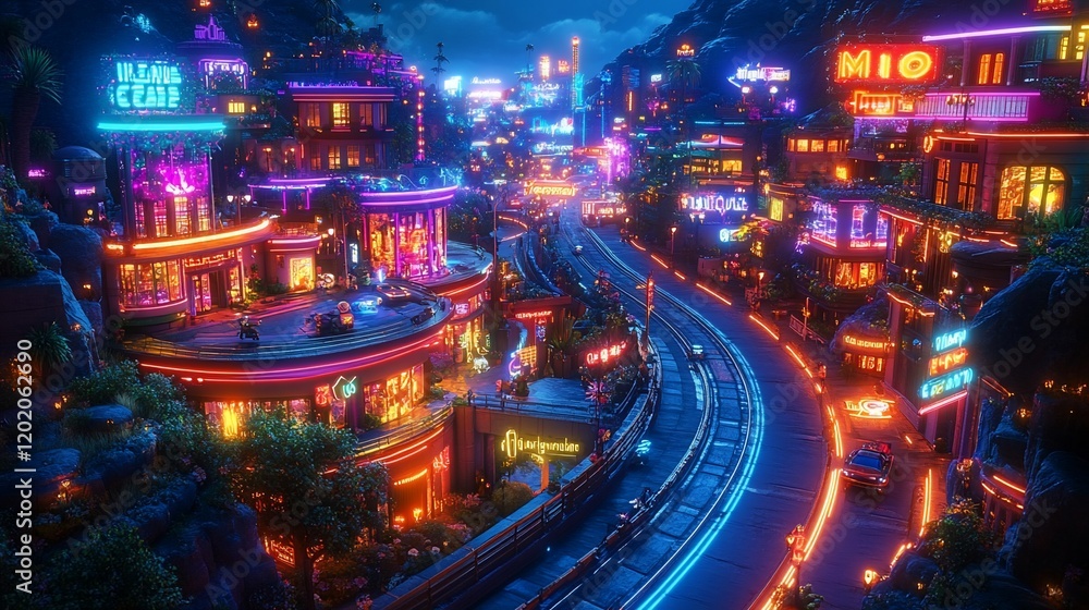 Obraz premium Neon Nightscape: A vibrant, futuristic cityscape nestled in a mountainside, illuminated by dazzling neon lights, showcasing a dynamic and futuristic aesthetic.