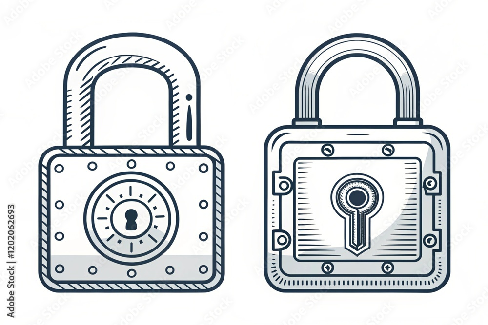 Closed lock and open lock icons set. Outline safe symbol. Padlock illustration. Closed lock and open lock icons set. Outline safe symbol. Padlock illustration.