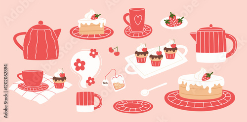 Modern set of tableware and sweets in flat style