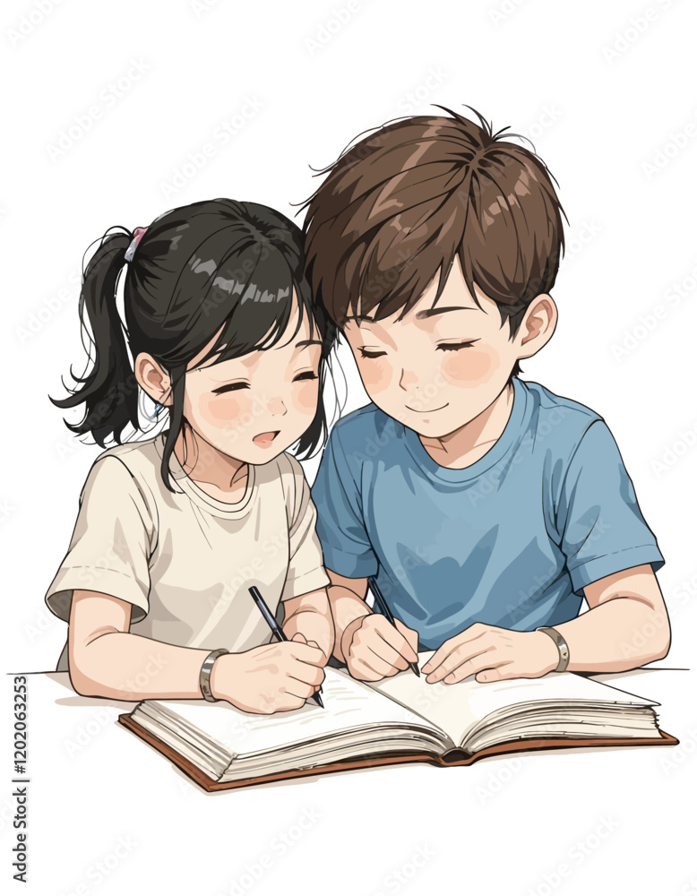 Boy and girl reading and writing illustration Boy and girl reading and writing illustration