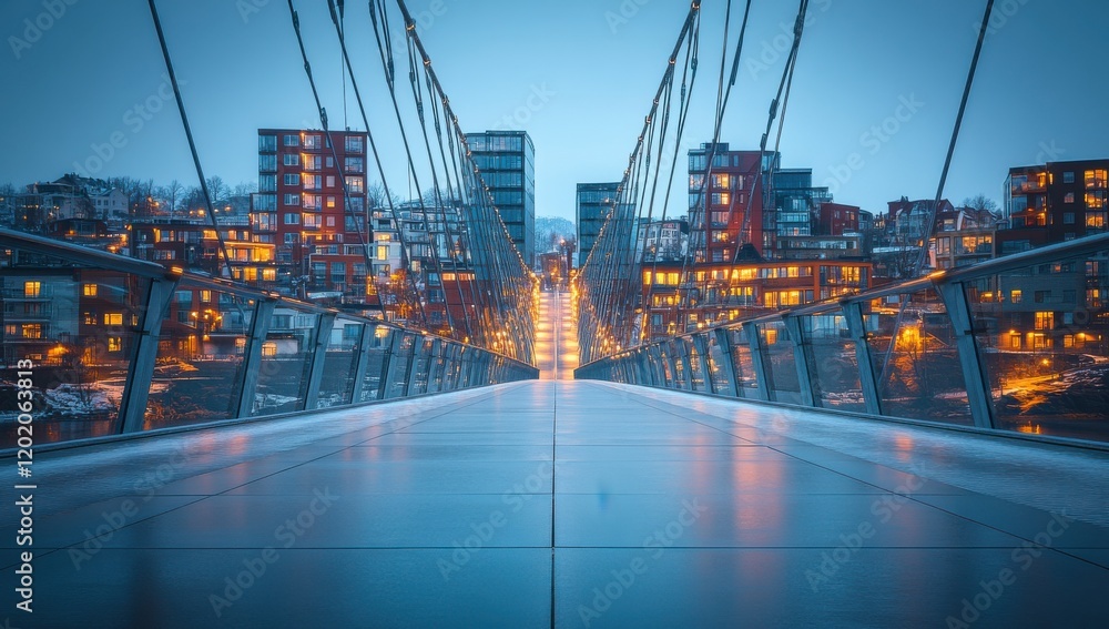Obraz premium Scenic Urban Sunset View of a Modern Bridge with Warm Illuminated Buildings in the Background Against a Calm Blue Evening Sky