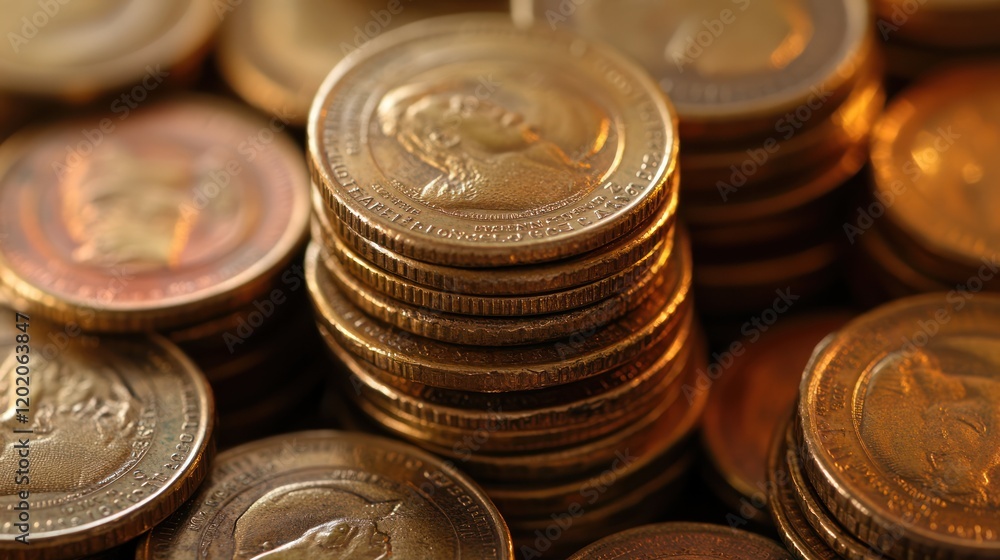 Golden coins stacked, close-up, wealth, background blur, finance Golden coins stacked, close-up, wealth, background blur, finance
