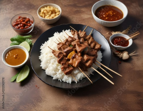 Beef satay with kecap manis dipping sauce and rice, kecap manis, meal, dipping sauce photo